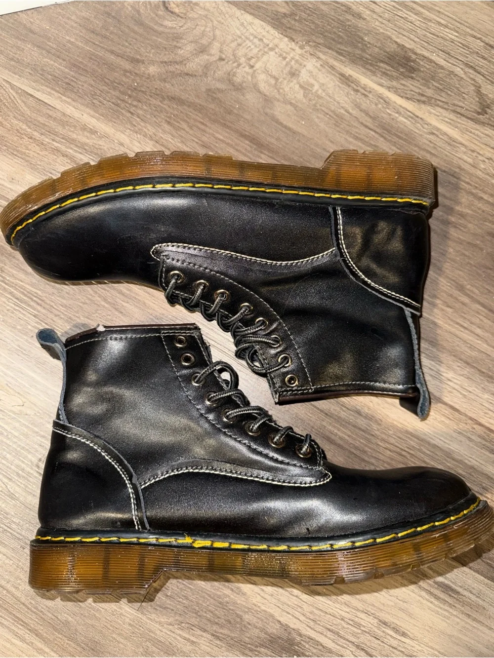 Fashion Black Combat Boots Lace Up Yellow Stitch Lug Sole Size EU 43